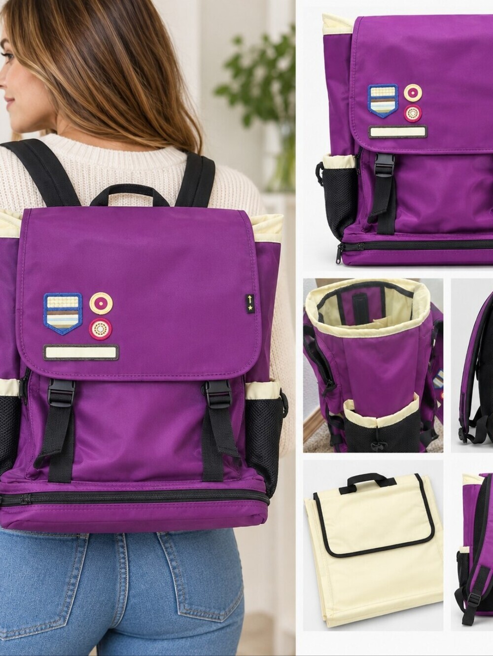 Purple Nylon Backpack with Cream Accents
